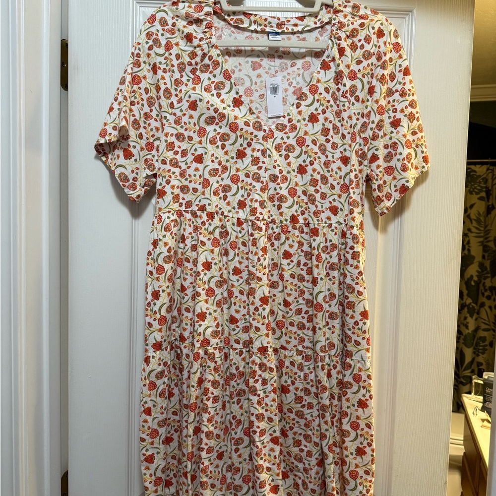 Old Navy Cream Midi Dress with Orange & Green Floral Print